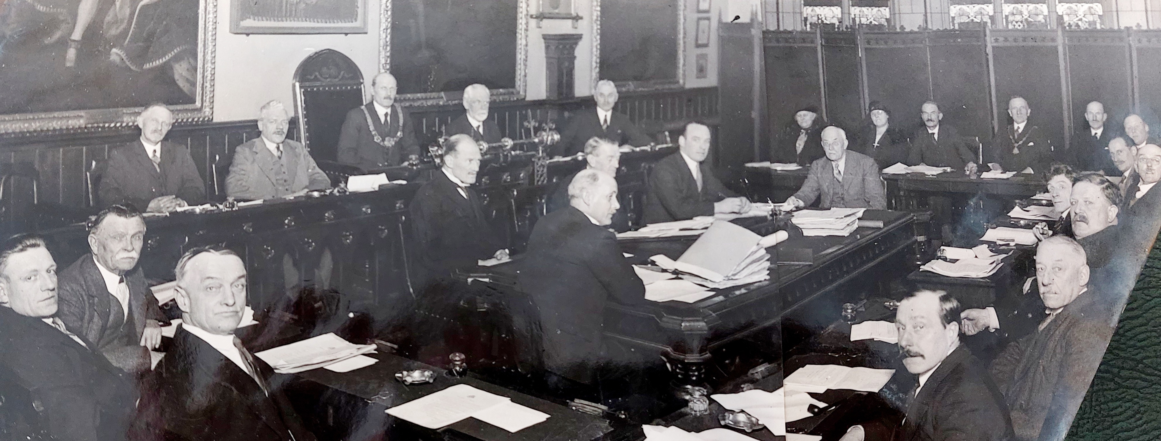 Dover Town Council seated in the Council Chamber at the Maison Dieu Black and White photograph of Dover Town Council seated in the Council Chamber at the Maison Dieu (Dover Town Hall)