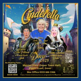 Poster showing the cast of the panto Cinderella at the Maison Dieu in 2025