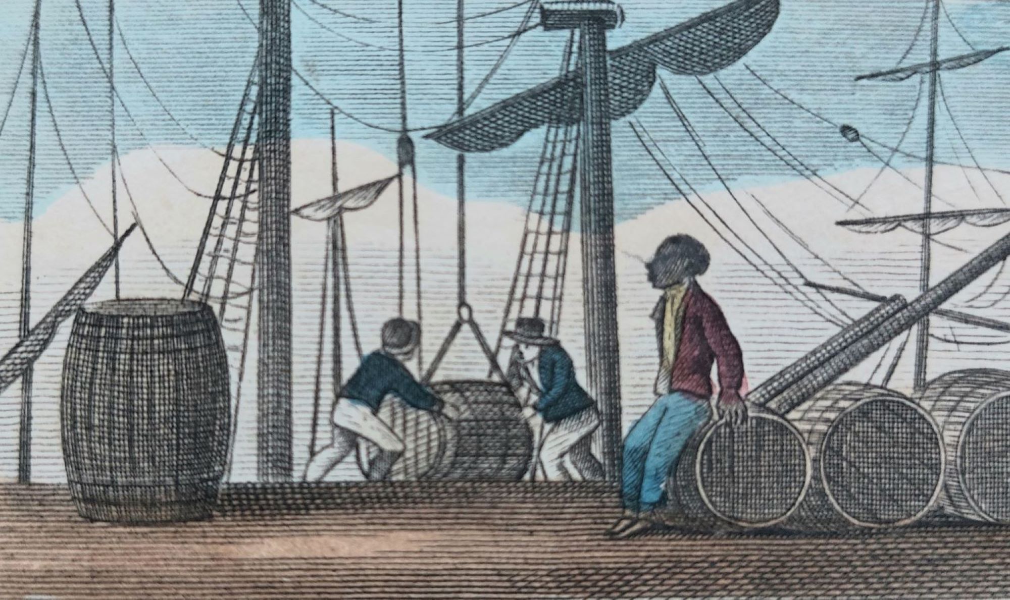 Etching of men loading barrels on to ship