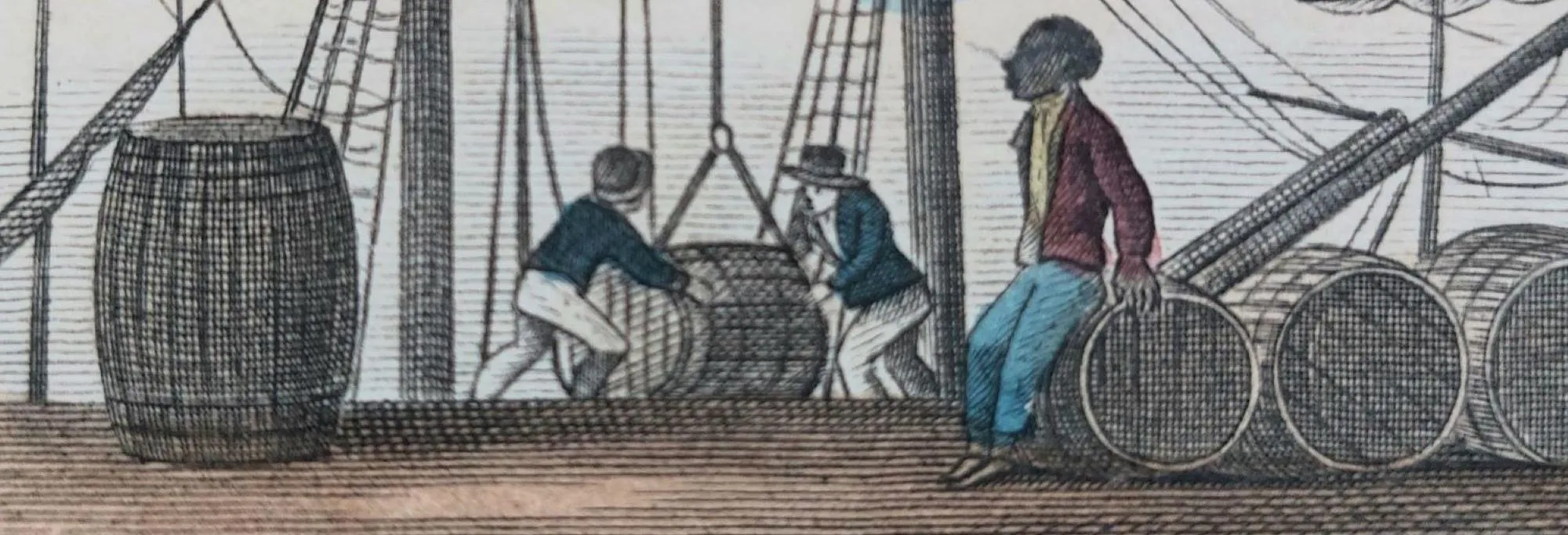Etching of men loading barrels on to ship
